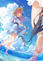 2girls ahoge arm_up barefoot black_ribbon blue_skirt blue_sky braid bridal_gauntlets closed_eyes cloud commentary_request cumulonimbus_cloud day detached_collar dress feet fox_girl fox_tail frilled_skirt frills full_body gloves half_up_braid hat high-waist_skirt highres holding holding_sandals hololive imo_bouya long_hair miniskirt multiple_girls neck_ribbon ocean official_alternate_costume official_alternate_hairstyle open_mouth outdoors partially_underwater_shot pentagram pink_hair puffy_short_sleeves puffy_sleeves ribbon sakura_miko sakura_miko_(street) sandals shirakami_fubuki shirt shirt_tucked_in short_sleeves skirt sky soles solo_focus straw_hat striped_clothes striped_skirt swept_bangs tail toes vertical-striped_clothes vertical-striped_skirt virtual_youtuber wading water white_dress white_gloves white_shirt wing_collar