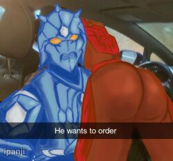 Rule 34 | 2boys, armor, ass, ass focus, blue armor, caption, car, he wants to order (meme), ipanji, kamen rider, kamen rider den-o (series), leaning over person, looking at viewer, male focus, meme, momotaros, monster, monster boy, motor vehicle, multiple boys, oni, orange eyes, red armor, redrawn, selfie, turtle, urataros