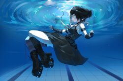 Rule 34 | 1girl, absurdres, black arm warmers, black boots, black hair, black thighhighs, boots, breasts, grey hair, highres, hololive, hololive english, kurochanai, large breasts, long hair, multicolored hair, pool, ribbon, shiori novella, shiori novella (1st costume), single thighhigh, solo, striped arm warmers, striped clothes, striped thighhighs, submerged, thighhighs, two-tone hair, underwater, virtual youtuber, white ribbon