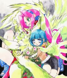 Rule 34 | 1boy, 2girls, alternate form, anime screenshot, artist request, blue hair, breasts, claws, coat, fur trim, green eyes, haruno sakura, hyuuga hinata, long hair, multiple girls, naruto (series), naruto shippuuden, official art, pink hair, short hair, stitched, third-party edit, uzumaki naruto, white eyes