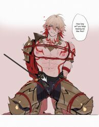 1boy abs absurdres alcohol armor bdsm blush bondage bound braid bulge chest_tattoo earrings erection erection_under_clothes facial_tattoo gold_earrings gold_necklace highres honkai:_star_rail honkai_(series) jewelry large_pectorals looking_at_viewer male_focus masochism moaning muscular muscular_male mydei_(honkai:_star_rail) neck_tattoo necklace nipples open_clothes pauldrons pectorals precum red_tattoo saliva shoulder_armor shoulder_tattoo single_pauldron slap_mark solo sweat tattoo teasing yoma_0_0