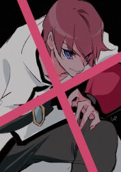 Rule 34 | 1boy, alternate eye color, belt, black background, black belt, blue eyes, braid, closed mouth, coat, collared coat, cowboy shot, eyes visible through hair, fingernails, grey pants, hair over one eye, hand on own thigh, happinesscharge precure!, layered sleeves, leaning forward, long sleeves, on one knee, pants, precure, puffy long sleeves, puffy sleeves, red (happinesscharge precure!), red hair, red sleeves, shipu (gassyumaron), short hair, short over long sleeves, short sleeves, signature, single braid, solo, tsurime, white coat