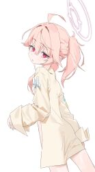 1girl ahoge blue_archive blush bright_pupils hair_between_eyes halo highres jacket kiyoung_park long_hair long_sleeves looking_at_viewer looking_back natsu_(band)_(blue_archive) natsu_(blue_archive) official_alternate_costume parted_lips pink_eyes pink_hair pink_halo ponytail red_eyes short_ponytail sleeves_past_wrists solo standing thighs white_background white_pupils yellow_jacket