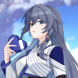 1girl blue_eyes box character_request cloud grey_hair hair_tubes hakka_0922 heart-shaped_box holding holding_box honkai_(series) honkai_impact_3rd long_hair parted_lips signature sky solo upper_body