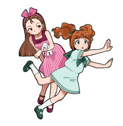 2girls :o blush bow brown_eyes brown_hair child closed_mouth dress forehead full_body green_dress green_neckerchief green_shoes hair_bow hairband highres holding holding_stuffed_toy idolmaster idolmaster_(classic) idolmaster_1 long_hair minase_iori multiple_girls naruse_ill neckerchief no_socks open_mouth pink_bow pink_dress pink_hairband pink_shoes sailor_dress shoes short_sleeves simple_background sleeveless sleeveless_dress socks standing striped_clothes striped_dress stuffed_animal stuffed_rabbit stuffed_toy takatsuki_yayoi twintails usa-chan_(idolmaster) vertical-striped_clothes vertical-striped_dress white_background white_socks