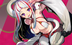1girl animal breast_curtains breasts chinese_zodiac commentary_request kneeling large_breasts long_hair looking_at_viewer multicolored_hair navel new_year onono_imoko open_mouth original pants purple_eyes red_hair smile snake solo two-tone_hair white_hair white_pants year_of_the_snake