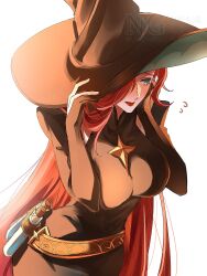 1girl afk_(series) afk_journey aqua_eyes belt belt_buckle black_dress blush breasts buckle covering_face cowboy_shot dress embarrassed four-pointed_star gloves hair_over_one_eye hand_on_own_cheek hand_on_own_face hands_on_headwear hat highres large_breasts long_hair looking_to_the_side mirael_(afk) parted_bangs partially_fingerless_gloves potion red_hair red_lips sakiika_sakki sidelighting simple_background solo star_ornament straight_hair striped_blush vial watermark white_background witch_hat