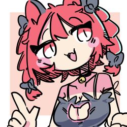 Rule 34 | 1girl, animal ears, blush, braid, breasts, cat cutout, cat ears, cat girl, cat lingerie, cleavage, clothing cutout, commentary, fang, highres, index finger raised, kaenbyou rin, kourihase, looking at viewer, open mouth, short hair, side braids, skin fang, slit pupils, solo, touhou, twin braids, upper body