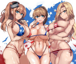 Rule 34 | 3girls, absurdres, alternate costume, american flag, american flag bikini, american flag print, arm under breasts, arms under breasts, bikini, blonde hair, blue eyes, breasts, brown hair, cameltoe, cowboy shot, crossed arms, flag print, flag print bikini, front-tie bikini top, front-tie top, green eyes, hair between eyes, high side ponytail, highleg, highleg bikini, highres, hornet (kancolle), intrepid (kancolle), kantai collection, large breasts, long hair, medium hair, multi-strapped bikini bottom, multiple girls, navel, parted bangs, ponytail, print bikini, print swimsuit, purplecat, saratoga (kancolle), side-tie bikini bottom, side ponytail, sidelocks, smokestack hair ornament, standing, star (symbol), star print, striped bikini, striped clothes, swimsuit, vertical-striped bikini, vertical-striped clothes
