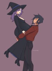 1boy 1girl abigail_(stardew_valley) artist_name belly big_belly black_choker black_dress black_footwear black_nails breasts choker commentary dress ear_piercing earrings english_commentary full_body hat high_heels highres jewelry long_hair looking_at_another lunarpix_(artist) piercing pregnant purple_hair ring sebastian_(stardew_valley) stardew_valley stomach stud_earrings witch_hat