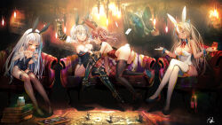 4girls adapted_costume alternate_hairstyle animal_ear_hairband animal_ears armor ass backless_leotard bare_shoulders black_leotard black_thighhighs blonde_hair blue_hair bow bowtie breasts bug butterfly cellphone cleavage commentary_request couch crossed_legs dark-skinned_female dark_skin detached_collar detached_sleeves elf fake_animal_ears fishnet_thighhighs fishnets full_body garter_straps gloves grabbing_another&#039;s_breast greaves green_butterfly grey_hair grin groping hair_bow hair_down hairband high_heels high_ponytail highleg highleg_leotard highres holding holding_phone hololive hololive_fantasy houshou_marine indoors insect lace lace-trimmed_legwear lace-trimmed_thighhighs lace_trim large_breasts legs leotard long_hair looking_at_another looking_at_object looking_to_the_side maru-chan_niko multicolored_hair multiple_girls on_couch open_mouth orange_eyes phone playboy_bunny pointy_ears ponytail puffy_detached_sleeves puffy_short_sleeves puffy_sleeves pumps rabbit_ear_hairband rabbit_ears rabbit_tail red_bow red_bowtie red_leotard revision sabaton shiranui_flare shirogane_noel short_eyebrows short_hair short_sleeves shrugging sidelocks sitting small_breasts smartphone smile strapless strapless_leotard streaked_hair tail thick_eyebrows thighhighs twintails usada_pekora vambraces very_long_hair virtual_youtuber w_arms white_gloves white_leotard white_thighhighs wing_collar