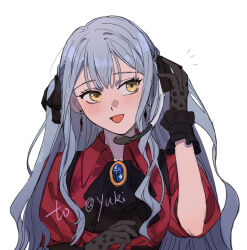 1girl ascot bang_dream! bang_dream!_it&#039;s_mygo!!!!! black_ascot black_gloves black_ribbon blue_hair collared_shirt earrings gift_art gloves hair_ribbon highres jewelry long_hair looking_to_the_side oblivionis_(bang_dream!) open_mouth red_shirt ribbon shirt short_sleeves simple_background solo togawa_sakiko tucking_hair tuxiaoning_not two_side_up upper_body white_background yellow_eyes