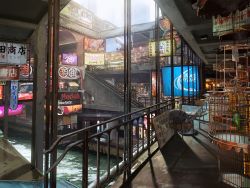 ad bird birdcage building cage canal chair city commentary_request day harutoshi no_humans railing scenery sign stairs storefront table taimanin_(series) taimanin_asagi_zero water