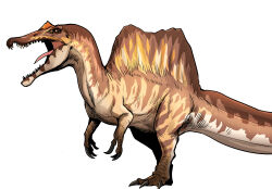 Rule 34 | animal focus, black sclera, brown scales, claws, colored sclera, dinosaur, gegegekman, highres, multicolored scales, no humans, open mouth, original, sharp teeth, spinosaurus, tail, teeth, tongue, white background, yellow eyes