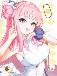 1girl :d armpits blue_archive blush breasts hair_bun halo highres long_hair looking_at_viewer medium_breasts mika_bluemeir_polish open_mouth pink_hair scrunchie seoly_ouo single_hair_bun sleeveless smile solo spoken_star star_(symbol) v wings wrist_scrunchie yellow_eyes