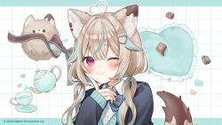 1girl ahoge amakami_konomi animal_ears black_jacket blue_hair blue_ribbon blush brown_hair brown_ribbon brown_tail buttons collared_shirt commentary_request cup double_helix grid_background hair_ornament hairclip heart heart-shaped_eyes heart-shaped_pupils heart_ahoge heart_hair_ornament jacket kaisake_(utp) looking_at_viewer low_twintails million_production multicolored_hair neck_ribbon one_eye_closed pink_eyes plaid_ribbon plate ribbon shirt sleeves_past_wrists smile solo streaked_hair symbol-shaped_pupils teacup teapot twintails virtual_youtuber white_background white_shirt wing_collar wolf_ears wolf_girl