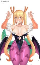 1girl bare_shoulders black_leotard blonde_hair breasts breasts_apart capcom collarbone cosplay darkstalkers demon_wings detached_sleeves dragon_girl dragon_horns dragon_tail eyebrows eyelashes female_focus green_scales grin hands_up highleg highleg_leotard horns kobayashi-san_chi_no_maidragon large_breasts leotard long_hair looking_at_viewer low_wings morrigan_aensland morrigan_aensland_(cosplay) off-shoulder_leotard off_shoulder orange_eyes orange_sleeves pantyhose purple_pantyhose scales shinom0079 simple_background slit_pupils smile solo standing tail teeth thick_thighs thighs tohru_(maidragon) twintails variant_set very_long_hair white_background wide_hips wings
