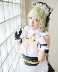 Rule 34 | breasts, cleavage, cosplay, green hair, highres, large breasts, maid, maid headdress, moyoko otsuki, necktie, photo (medium), purple eyes, soda (nikke), soda (nikke) (cosplay)
