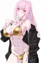 1girl absurdres alternate_costume bikini black_jacket black_nails blunt_bangs blush breasts cleavage cowboy_shot gold_bikini golden_week hand_in_pocket hand_up highres hololive hololive_english jacket kamiya_maneki large_breasts long_hair looking_at_viewer mori_calliope nail_polish navel open_clothes open_jacket pink_eyes pink_hair side-tie_bikini_bottom sidelocks simple_background solo stomach string_bikini suggestive_fluid sweat swimsuit virtual_youtuber white_background