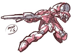 Rule 34 | dated, from side, gerbera tetra, green eyes, gun, gundam, gundam 0083, heirou enterprise, highres, holding, holding gun, holding weapon, mecha, mobile suit, no humans, one-eyed, open hand, robot, science fiction, sketch, solo, thrusters, weapon, white background