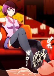 1boy 1girl bakemonogatari blue_eyes cum cum_on_body cum_on_feet disgust feet femdom highres monogatari_(series) purple_hair senjougahara_hitagi skirt socks soles steam sweat thighhighs tumami