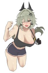1girl black_shorts black_tank_top blush breasts caesar_king_(zenless_zone_zero) crop_top dolphin_shorts green_hair large_breasts looking_at_viewer midriff open_mouth prosthesis prosthetic_arm shirokami_da shorts simple_background solo tank_top white_background zenless_zone_zero