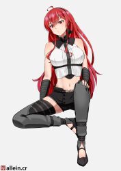 1girl aged_up ahoge alleincr artist_name bandaged_arm bandaged_hand bandages bare_shoulders black_hairband black_shoes black_shorts breasts closed_mouth commentary crop_top english_commentary eris_greyrat flats full_body hair_between_eyes hair_flaps hairband hand_wraps highres large_breasts leg_warmers long_hair looking_at_viewer midriff mushoku_tensei navel red_eyes red_hair shirt shoes short_shorts shorts sidelocks simple_background sitting skindentation sleeveless sleeveless_shirt solo thick_eyebrows underbust very_long_hair white_background white_shirt wrist_wrap