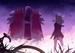 1girl 1other animal_ears aqua_halo aqua_scarf armor artist_request bandaged_arm bandaged_fingers bandaged_hand bandages bicycle black_jacket black_thighhighs blazer blue_archive cloak cross_hair_ornament dust_cloud extra_ears game_cg gloves green_gloves grey_hair grey_skirt hair_ornament halo highres jacket kneehighs looking_at_another masked medium_hair non-web_source official_art pauldrons phrenapates_(blue_archive) plaid_clothes plaid_skirt pleated_skirt road_bicycle scarf school_uniform shiroko_(blue_archive) shoulder_armor skirt socks spoilers thighhighs white_socks wolf_ears wolf_girl
