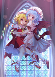 2girls absurdres ascot bat_wings blonde_hair blue_hair blush crystal crystal_wings flandre_scarlet hat highres ikazu401 long_hair looking_at_viewer mob_cap multicolored_wings multiple_girls open_mouth puffy_short_sleeves puffy_sleeves red_eyes red_vest remilia_scarlet ribbon shirt short_hair short_sleeves siblings side_ponytail sisters skirt smile touhou vest wings wrist_cuffs yellow_ascot