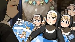 Rule 34 | 6+girls, bird, blonde hair, blue eyes, blue innertube, book, brown eyes, brown hair, cat, chicken, closed eyes, clumsy nun (diva), commentary, diva (hyxpk), drooling, duck, english commentary, english text, freckles, froggy nun (diva), frown, glasses, glasses nun (diva), grey hair, hedgehog, highres, holding, holding book, holding painting, hungry nun (diva), little nuns (diva), mouth drool, multiple girls, note, nun, painting (object), paper, pleading eyes, round eyewear, sheep nun (diva), spicy nun (diva), star nun (diva), traditional nun, yellow eyes