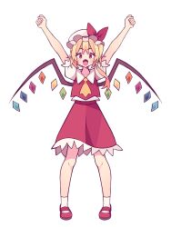 Rule 34 | 1girl, :o, arms up, ascot, blonde hair, bow, clenched hands, crystal wings, double-parted bangs, fangs, flandre scarlet, full body, hashtag-only commentary, hat, hat bow, highres, kazumiskill, looking at viewer, mob cap, one side up, open mouth, puffy short sleeves, puffy sleeves, red bow, red eyes, red shoes, red skirt, red vest, shirt, shoes, short sleeves, simple background, skirt, skirt set, socks, solo, standing, touhou, vest, white background, white shirt, white socks, yellow ascot