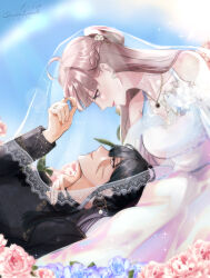 2girls black_hair blue_flower blue_rose blue_sky braid bridal_veil brown_hair cherie_luna chief_(path_to_nowhere) closed_mouth commentary day dress earrings english_commentary female_chief_(path_to_nowhere) flower grey_eyes half_up_braid hand_on_another&#039;s_neck highres jewelry long_hair long_sleeves multiple_girls necklace original outdoors path_to_nowhere pink_flower pink_rose rahu_(path_to_nowhere) ring rose scar scar_across_eye scar_on_face sky smile sparkle veil wedding_dress wedding_ring white_dress wife_and_wife yuri