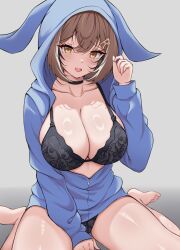 1girl animal_ear_hood animal_ears black_bra black_choker black_panties blue_hoodie bra breasts brown_eyes brown_hair choker cleavage collarbone commentary_request fake_animal_ears gradient_background grey_background hair_between_eyes hair_ornament highres hololive hololive_english hood hoodie large_breasts letter_hair_ornament long_sleeves looking_at_viewer medium_hair nanashi_mumei open_mouth panties r_(letter) simple_background sitting thighs underwear unzipped virtual_youtuber wariza zeropen