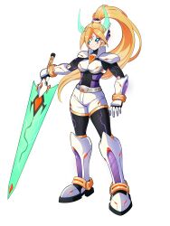1girl absurdres alternate_costume alternate_hairstyle armor armored_boots armored_gloves belt belted_shorts biometal black_sclera blonde_hair blue_eyes body_armor bodystocking boots breasts chest_jewel ciel_(mega_man) colored_sclera covered_navel elbow_gloves energy_horns energy_sword eyelashes forehead_jewel full_body gauntlets gloves glowing glowing_eyes high_collar highres holding holding_sword holding_weapon knee_boots long_bangs long_hair looking_at_viewer mechanical_ears mega_man_(series) mega_man_zero_(series) mega_man_zx no_headwear non-web_source petite ponytail shoulder_armor sigma_(mega_man) small_breasts sword thighs transparent_background uta_guipiy weapon