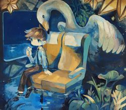 1boy acrylic_paint_(medium) ahoge animal artist_name belt bird black_shoes blue_eyes blue_necktie blue_sky brown_hair brown_pants chair child closed_mouth collared_shirt full_body hand_up holding horizon indoors light_particles long_sleeves male_focus necktie night original oversized_animal painting_(medium) pants plant shirt shirt_tucked_in shoes short_hair signature sitting sky soaking_feet solo star_(sky) susutouka swan swept_bangs traditional_media train_interior water white_shirt window
