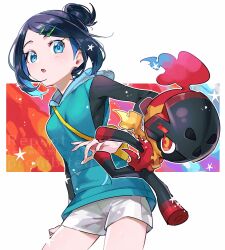 1girl :o black_hair black_shirt blue_eyes blue_hair blue_hoodie charcadet colored_inner_hair hair_bun hair_ornament hairclip highres hood hoodie liko_(pokemon) looking_at_another mayona_(mayona1poke) multicolored_hair nintendo open_mouth pokemon pokemon_(anime) pokemon_(creature) pokemon_horizons shirt short_hair shorts sleeveless sleeveless_hoodie twitter_username two-tone_hair white_shorts