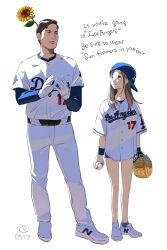 1boy 1girl baseball baseball_cap baseball_glove baseball_uniform blue_hat blue_shirt brown_hair commentary_request english_text flower flower_on_head full_body gloves hat highres holding kokudou_juunigou long_sleeves los_angeles_dodgers ootani_shouhei original pants real_life shirt shoes short_shorts short_sleeves shorts simple_background smile sportswear standing sunflower white_background white_footwear white_gloves white_pants white_shirt