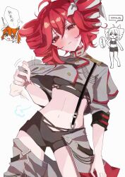 Rule 34 | 1girl, a.i. voice, adachi rei, ahoge, arm at side, black bra, black sleeve cuffs, blush, bow, boyshort panties, bra, breasts, buttons, commentary request, cowboy shot, double-breasted, double-parted bangs, drill hair, fanning self, grey jacket, grey skirt, hair between eyes, hair bow, half-closed eyes, high collar, highres, hot, jacket, kasane teto, kasane teto (sv), looking at viewer, medium hair, midriff, musical staff, musical staff print, parted lips, red eyes, red hair, red nails, red trim, shoulder boards, sidelocks, simple background, skirt, sleeve cuffs, sleeves pushed up, small breasts, solo focus, sotsunaku, speech bubble, stomach, suspenders, sweat, synthesizer v, thighs, thought bubble, translation request, twin drills, underwear, undressing, utau, white background, white bow