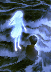 1boy 1girl ahoge black_hair commentary_request dress etri_(0o0oo) film_grain floating_hair from_above ghost grey_shirt highres in_water jewelry long_hair long_sleeves necklace night ocean original outdoors shirt short_hair sleeveless sleeveless_dress waves white_dress white_hair