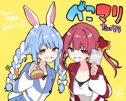 Rule 34 | 2girls, absurdres, animal ear fluff, animal ears, between fingers, blue hair, blue jacket, blush stickers, bow, braid, breasts, brown eyes, carrot hair ornament, cleavage, collarbone, commentary request, food-themed hair ornament, grin, hair bow, hair ornament, hair ribbon, heterochromia, highres, holding, hololive, houshou marine, jacket, kiritoma, long sleeves, looking at viewer, medium breasts, multicolored hair, multiple girls, open clothes, open jacket, puffy long sleeves, puffy sleeves, rabbit ears, red eyes, red hair, red jacket, red ribbon, ribbon, shirt, short eyebrows, signature, simple background, smile, stamp album, stamp mark, thick eyebrows, translation request, twin braids, twintails, two-tone hair, upper body, usada pekora, virtual youtuber, white bow, white hair, white shirt, yellow background