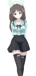 1girl :o airi_(blue_archive) arms_behind_back black_ribbon black_skirt black_thighhighs blue_archive bow bow_legwear brown_hair green_bow green_eyes green_halo green_shirt hair_bow halo highres jirai_kei long_hair long_sleeves looking_at_viewer neck_ribbon open_mouth ribbon shirt shirt_tucked_in skirt solo thighhighs unamaso white_background