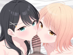Rule 34 | 2girls, black hair, blonde hair, blush, censored, commentary request, cooperative fellatio, erection, fellatio, ffm threesome, group sex, hair between eyes, hair ornament, hairclip, hetero, honda sora, kissing penis, licking, licking penis, lonely girl ni sakaraenai, long hair, medium hair, medium penis, mizuno-go, multiple girls, open mouth, oral, out of character, paid reward available, penis, pov, sakurai ayaka (lonely girl ni sakaraenai), smegma, teamwork (sexual), threesome, veins, veiny penis