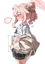 ... 1girl absurdres black_skirt blue_archive blush drumsticks hair_bun halo highres holding holding_drumsticks jacket long_sleeves measuring miniskirt natsu_(band)_(blue_archive) natsu_(blue_archive) navel nose_blush official_alternate_costume open_clothes open_jacket pink_halo pleated_skirt red_eyes rirua_(kjom802) shirt skirt speech_bubble spoken_ellipsis white_shirt yellow_jacket