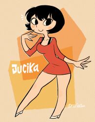 1girl black_eyes blush blush_stickers bra_strap breasts character_name commentary dress english_commentary full_body highres jucika jucika_(comic) medium_breasts rariatto_(ganguri) red_dress short_dress short_hair solo toon_(style) twitter_username