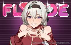 1girl black_hairband blush commentary cosplay crossover english_commentary firefly_(honkai:_star_rail) grey_hair hairband heart heart_hands heta highres honkai:_star_rail honkai_(series) long_hair miside mita_(miside) mita_(miside)_(cosplay) off_shoulder pink_eyes red_sweater smile solo sweater