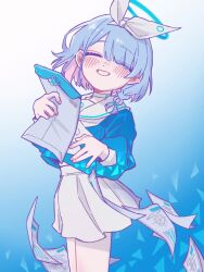 Rule 34 | 1girl, ^ ^, aqua halo, arona (blue archive), blue archive, blue background, blue hair, blue shirt, braid, choker, closed eyes, colored inner hair, commentary, cropped shirt, eyes visible through hair, gradient background, grin, hair over one eye, halo, high-waist skirt, highres, holding, holding paper, kaming3698, light blush, long sleeves, medium hair, multicolored hair, neckerchief, paper, papers, pink hair, pleated skirt, puffy long sleeves, puffy sleeves, sailor collar, shirt, single braid, skirt, smile, solo, standing, two-tone background, two-tone hair, white background, white choker, white neckerchief, white sailor collar, white skirt