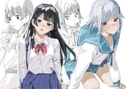 2girls black_hair drink lize_helesta multiple_girls nijisanji purple_eyes rippoutai_fuusen school_uniform serafuku shirt skirt tsukino_mito virtual_youtuber white_hair white_shirt