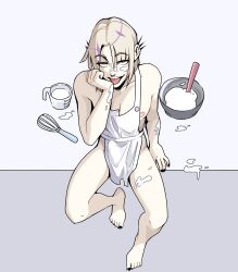 1boy absurdres apron black_nails blonde_hair bulge collarbone erection erection_under_clothes from_above gigglepox highres holostars holostars_english icing icing_on_body icing_on_face magni_dezmond male_focus measuring_cup mixing_bowl nail_polish naked_apron nipples protected_link short_hair sitting solo teeth toenail_polish toenails tongue tongue_out upper_teeth_only whisk white_apron yellow_eyes