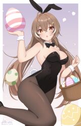 1girl :o absurdres ahoge animal_ears arm_up basket black_bow black_bowtie black_leotard bow bowtie breasts brown_eyes brown_hair brown_pantyhose cleavage commentary easter easter_egg egg english_commentary highres holding holding_basket holding_egg hololive hololive_english ken-pai_(kenpai_arts) leotard long_hair looking_at_viewer low_twintails medium_breasts nanashi_mumei pantyhose playboy_bunny rabbit_ears rabbit_tail solo tail twintails very_long_hair virtual_youtuber wrist_cuffs