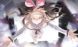 1girl 3050973685 absurdres brown_hair closed_eyes closed_mouth commentary_request forehead hair_ribbon highres kizuna_ai kizuna_ai_inc. long_hair long_sleeves pink_ribbon reaching reaching_towards_viewer ribbon sailor_collar shirt shorts solo virtual_youtuber white_sailor_collar white_shirt white_shorts